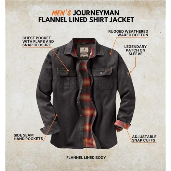 Mens Flannel Lined Shirt Jacket Waxed Cotton Water Resistant Outdoor Work Coat - Picture 4 of 7